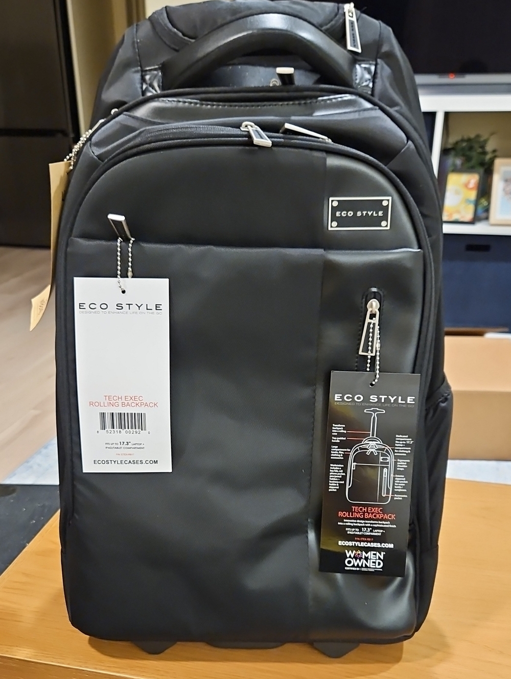 NWT, EcoStyle Tech Exec Rolling Backpack - Black